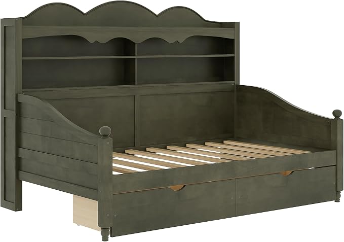 Merax Twin Daybed with Storage Drawers, Wood Twin Day Bed with 3-Tier Storage Headboard Shelves, Retro Style Twin-Size Daybed for Bedroom Guest Room, No Box Spring Needed, Easy Assembly, Grey