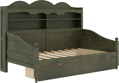 Merax Twin Daybed with Storage Drawers, Wood Twin Day Bed with 3-Tier Storage Headboard Shelves, Retro Style Twin-Size Daybed for Bedroom Guest Room, No Box Spring Needed, Easy Assembly, Grey