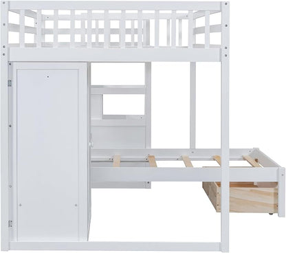 Merax Full Over Twin Bunk Bed with Wardrobe and Drawers, White