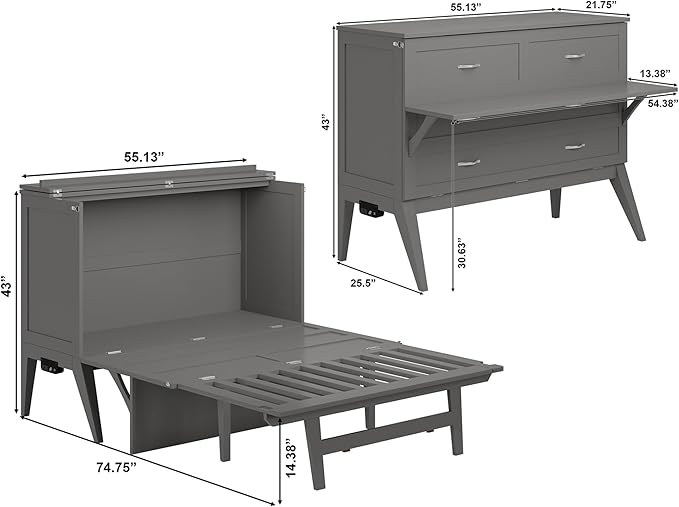 AFI, Northampton Full Size Murphy Bed Desk with Memory Foam 6" Mattress and Built-in USB Charger, Grey