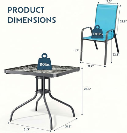 Arlopu 5 Piece Outdoor Patio Dining Set (Umbrella not Included), Porch Furniture with 4 Textline Chairs, 1 Square Glass Table for Garden, Backyard and Poolside, Lawn (Blue)