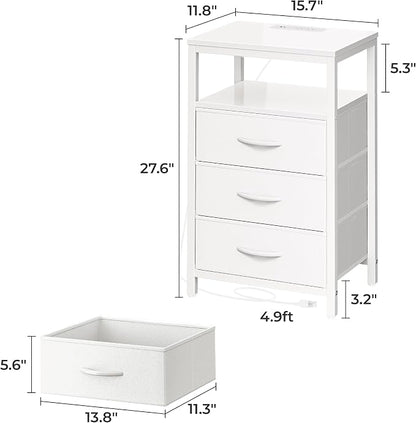 Huuger Nightstand with Charging Station, 27.6 Inch Side Table with Drawers, PU Leather Finish, End Table Bedside Table with USB Ports and Outlets, Night Stand for Bedroom, White