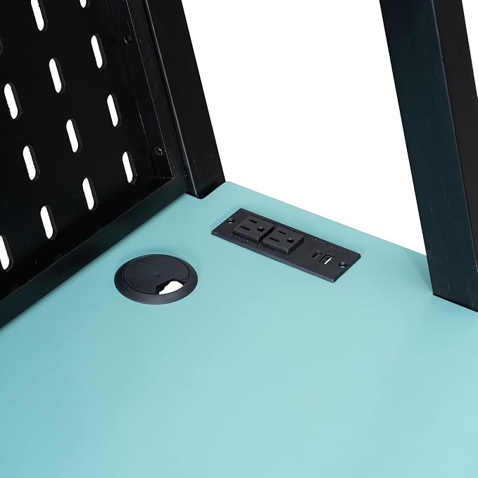 Merax Wooden Full Over Full Bunk Bed with 2 Side Desks, USB Desktop Ports and Pegboard Organizer, Gaming Bunk Bed for Gamer, Kids or Teens, No Box Spring Needed, Cloud Blue