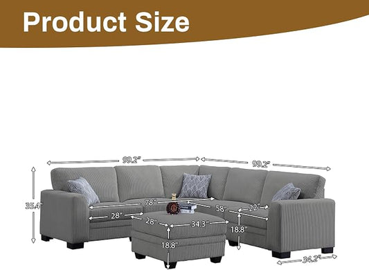 Legend Vansen U-Shaped Modular Sectional Sofa,Corduroy Couch with Ottoman,Deep Seat & Removable Cushion,6-Seat Oversized Sofa,Easy Assembly for Living Room Apartment