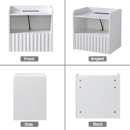 BuildHom Modern Fluted Floating Nightstand Wall Mounted Set of 2- Bedside Table with Storage Drawer & Display Shelf, Minimalist Bedroom Furniture for Studio Apartments (Matte White)