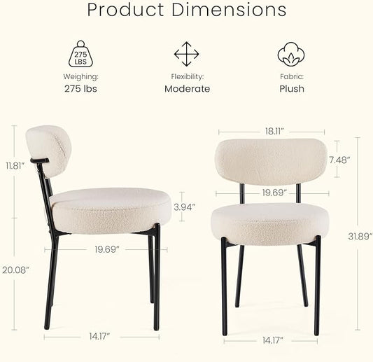 DUMOS Dining Chairs Set of 2, Mid Century Modern Chair Round Upholstered Curved Backrest, Kitchen Vanity Living Room Chairs with Black Metal Legs，Ivory White