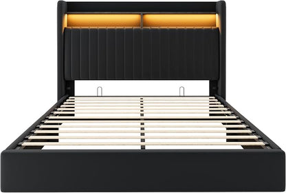 Allewie Full Size Lift Up Hydraulic Storage Bed Frame, 2-Tier Shelf Headboard with LED Lights and Charging Station, USB and Type C Ports, Wingback Velvet Headboard, No Box Spring Needed, Black