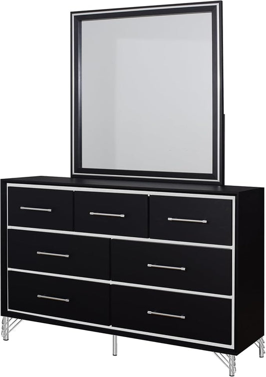 New Classic Furniture Ava 2-Piece Wood Dresser and Mirror Set, Ebony Black