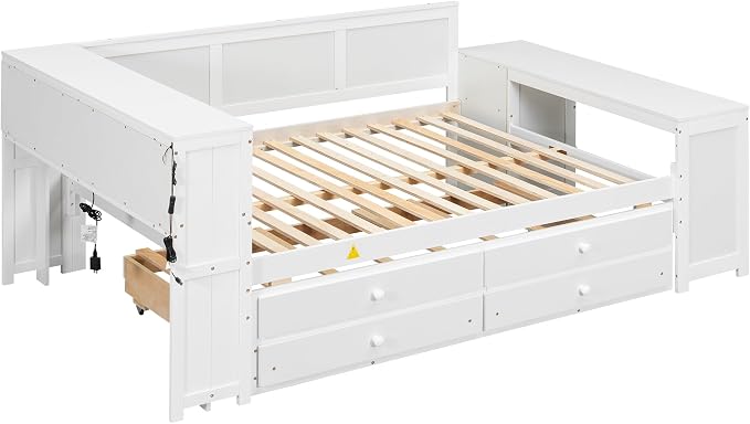 Bellemave Full Corner Bed Frame, Full Size Captain beds with Storage Cabinets and Desk, Wood Daybed with Bookcase Trundle and Drawers, White