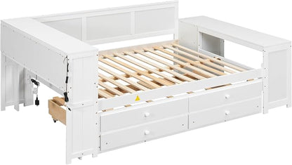 Bellemave Full Corner Bed Frame, Full Size Captain beds with Storage Cabinets and Desk, Wood Daybed with Bookcase Trundle and Drawers, White