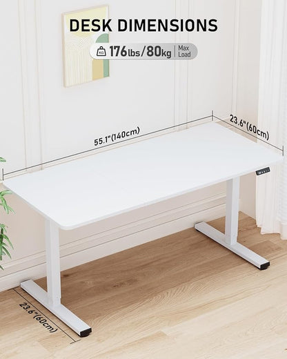 55" Electric Standing Desk Adjustable Height, Sit Stand up Desk for Home Office & Computer Workstation, 2 Memory Height Settings, Splice Board, 2 Hooks, White Frame/White Top
