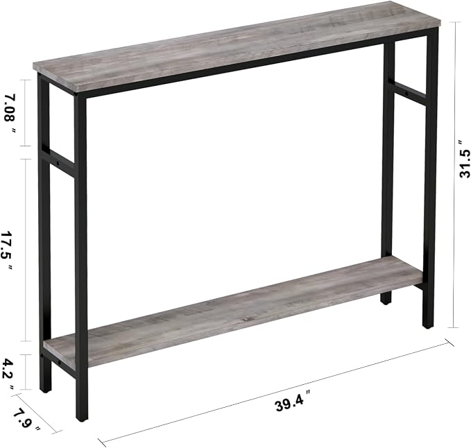 Timberer Narrow Console Table, 39.4” Sofa Table with Adjustable Shelf, 2-Tier Long Skinny Table for Hallway, Entryway, Living Room, Foyer, Grey