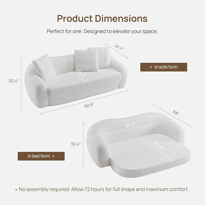 SICOTAS 90.6" Curved Convertible Sofa Couch Bed for Living Room Futon Cloud Boneless Sleeper Sofa Pull Out Floor Couch with Deep Seat Modern 3 Seater Foam Bed No Assembly for Bedroom Apartment, White