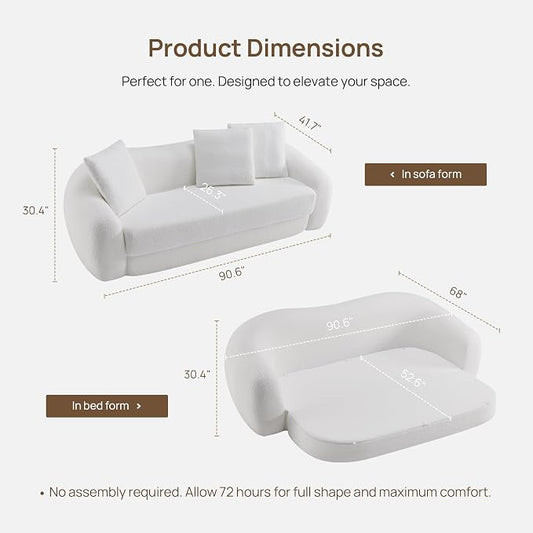 SICOTAS 90.6" Curved Convertible Sofa Couch Bed for Living Room Futon Cloud Boneless Sleeper Sofa Pull Out Floor Couch with Deep Seat Modern 3 Seater Foam Bed No Assembly for Bedroom Apartment, White