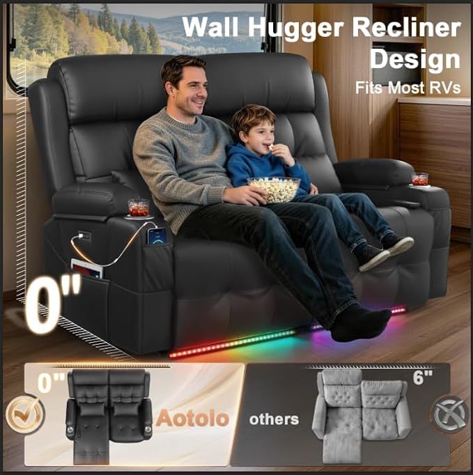 Power Reclining Loveseat with Massage & Heat,Wall Hugger Loveseat Recliner with LED Lights,USB & Type-C Ports, Ideal for RV, Home Theater and Living Room,Black,2 Seats