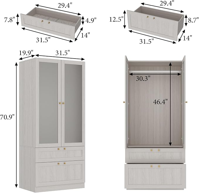 MOUMON Modern Wardrobe with Drawers, Bedroom Armoires with Frosted Glass Doors and Hanging Rod, Armoire Wardrobe Closet with Gold Knobs, Wood Grain 31.5" W x 19.9" D x 70.9" H