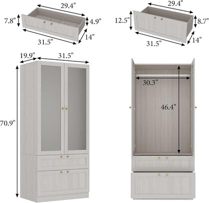 MOUMON Modern Wardrobe with Drawers, Bedroom Armoires with Frosted Glass Doors and Hanging Rod, Armoire Wardrobe Closet with Gold Knobs, Wood Grain 31.5" W x 19.9" D x 70.9" H
