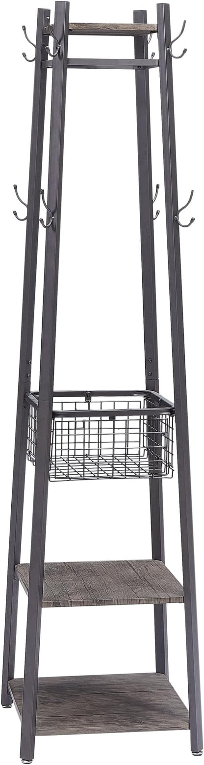 VECELO Industrial Coat Rack,Enterway Clothes Stand with 2 Tier Storage Shelves and Metal Basket,Upgrade Hall Trees with 8 Dual Hooks,Antique Brown