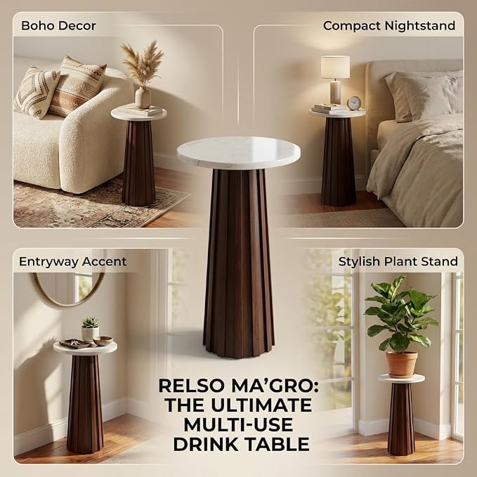 Relso Ma'gro Drink Table – Solid Mango Wood Fluted Base with Real White Marble Top | Farmhouse Accent Side Table for Boho Decor, Bedside, Entryway, Plant Stand, Night Stand & Small Living Spaces