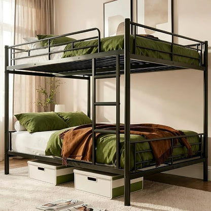 Mixcous Full Over Full Bunk Bed for Adults, Heavy Duty Metal Bunk Bed Frame, Convertible into 2 Full Beds, Noise-Free, Full-Length Guardrails & EVA Padded Ladder, No Box Spring Needed, Black