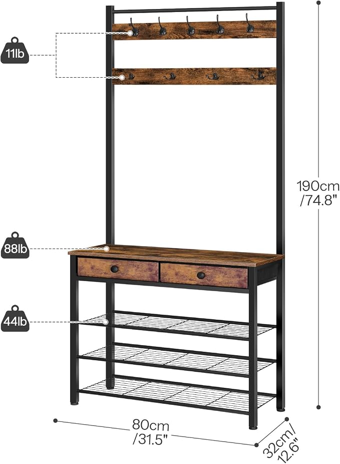 HOOBRO Hall Tree, Entryway Coat and Shoe Rack, 2 Fabric Drawers, Hall Tree with Bench, Shoe and Coat Rack, Coat Rack with Shoe Storage, 4 Tier Shoe Organizer, 9 Hooks, Rustic Brown and Black BF81MT01