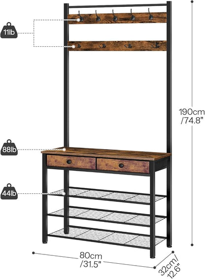 HOOBRO Hall Tree, Entryway Coat and Shoe Rack, 2 Fabric Drawers, Hall Tree with Bench, Shoe and Coat Rack, Coat Rack with Shoe Storage, 4 Tier Shoe Organizer, 9 Hooks, Rustic Brown and Black BF81MT01
