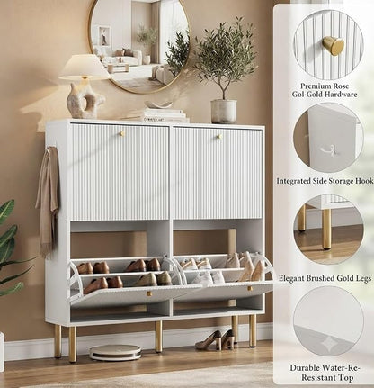 Nicetree White Shoe Cabinet for Entryway, 4 Flip Drawers Shoe Storage Cabinet with Tiered Fluted Design, Slim Narrow Shoe Rack for Small Spaces, 9.5" Deep Shoe Organizer with Metal Legs
