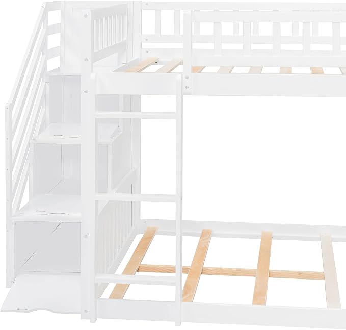 RUNNA Full Over Full Bunk Bed, Staircase with Drawers, Slide, Ladder | full over full bunk bed, staircase with drawers, convertible slide and ladder, solid pine wood, guardrails, no box spring