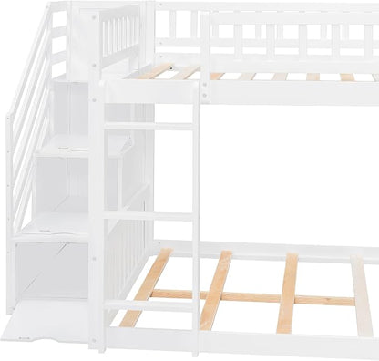 RUNNA Full Over Full Bunk Bed, Staircase with Drawers, Slide, Ladder | full over full bunk bed, staircase with drawers, convertible slide and ladder, solid pine wood, guardrails, no box spring
