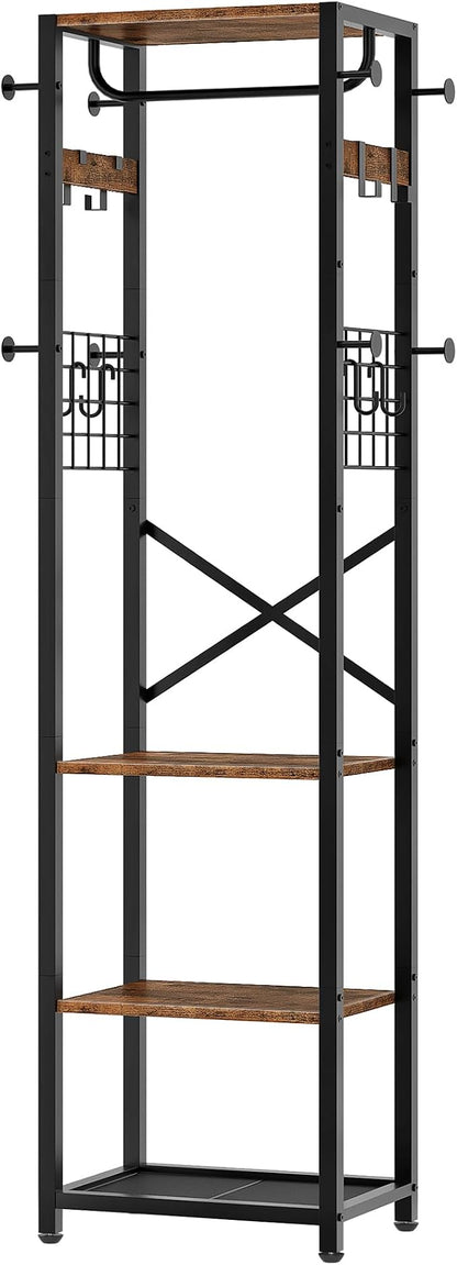 CHOEZON Coat Rack with Shelves, Freestanding Hall Tree, Coat Tree with 16 Hooks and Hanging Rail, Industrial Clothes Stand for Entryway, Hallway, Bedroom, Rustic Brown and Black TYM18BF