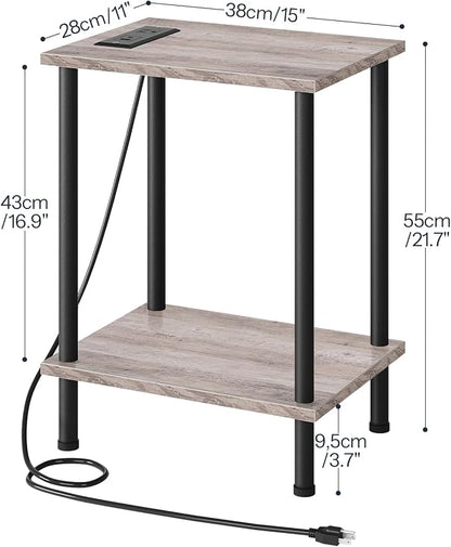 HOOBRO Side Table with Charging Station, Set of 2 End Tables with USB Port and Outlets, Nightstand with 2-Layer Storage Shelves for Small Spaces, Living Room, Bedroom, Greige and Black BG09UBZP201