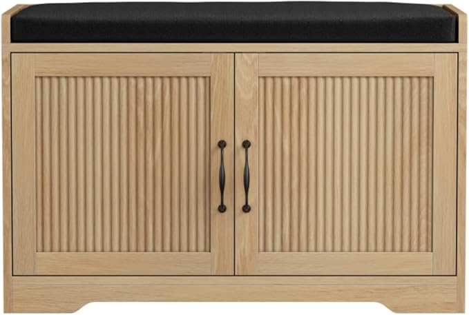 Entryway Shoe Storage Bench with Upholstered Seat, Double Door Cabinet, Adjustable Shelving, Slatted Front, Engineered Wood Organizer for Hallway, Foyer, Mudroom, Bedroom, Walk-In Closet (Oak)