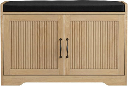Entryway Shoe Storage Bench with Upholstered Seat, Double Door Cabinet, Adjustable Shelving, Slatted Front, Engineered Wood Organizer for Hallway, Foyer, Mudroom, Bedroom, Walk-In Closet (Oak)
