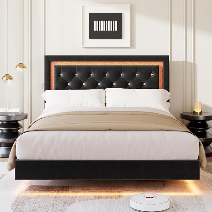 Garvee Floating Bed Frame Queen Size with Smart Led Lights, Upholstered Platform Bed with Diamond Headboard, Solid Wood Slats Support, No Box Spring Needed, Noise-Free, Easy Assembly, Black