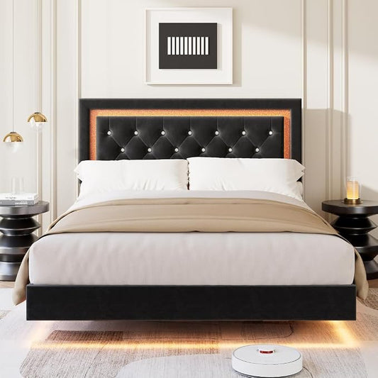 Garvee Floating Bed Frame Queen Size with Smart Led Lights, Upholstered Platform Bed with Diamond Headboard, Solid Wood Slats Support, No Box Spring Needed, Noise-Free, Easy Assembly, Black