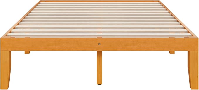 Sweetcrispy Full Size Bed Frame 14 inch Heavy Duty Platform Bedframe, 1000 lbs Capacity, Underbed Storage, No Box Spring Needed, Wooden Slats, Easy Assembly with Velcro, Honey Finish