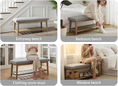 Zihanhome Entryway Bench, Chenille Upholstered Shoe Benches for Bedroom, Ottoman Benches with Solid Wood Shelf, Storage Bench for Hallway, Living Room(Grey)