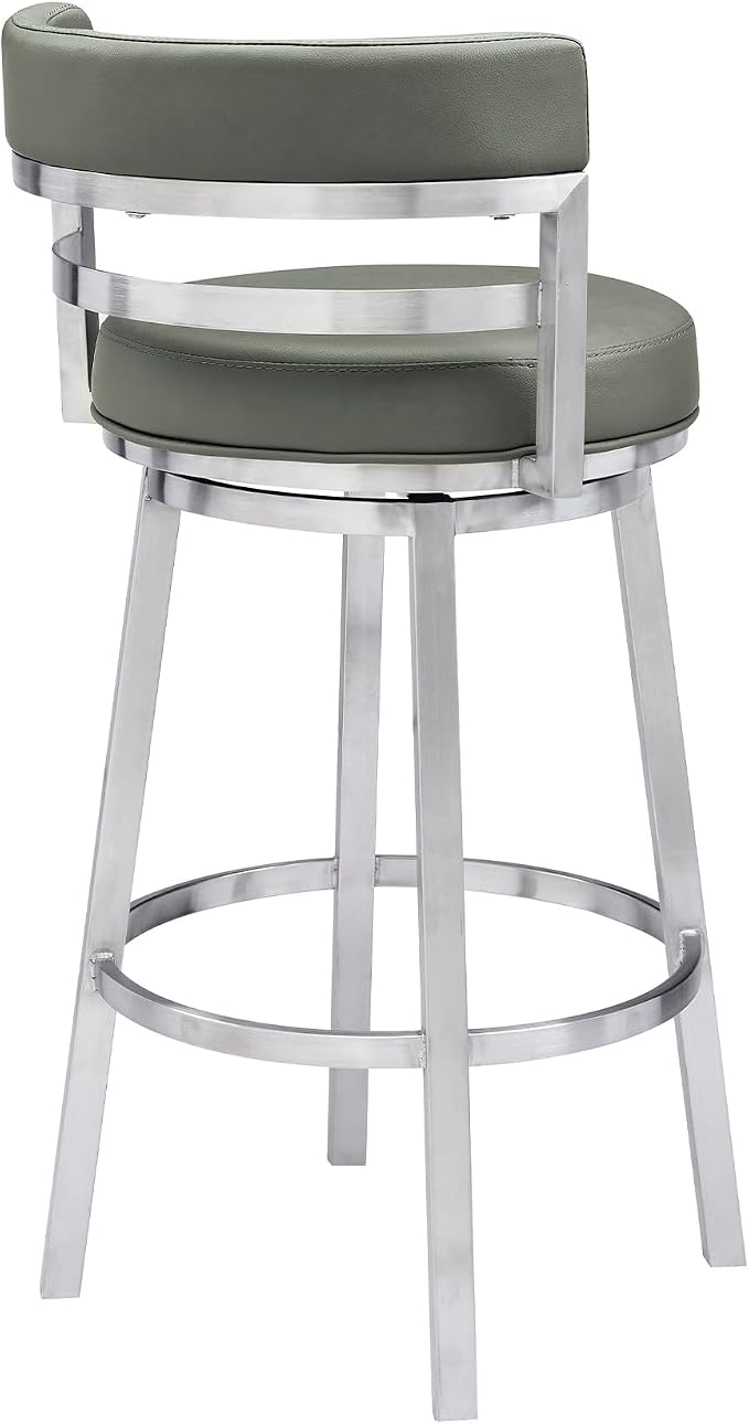 Armen Living Madrid 30" Bar Height Swivel Modern Grey Faux Leather and Brushed Stainless Steel Bar Stool for Kitchen Island Counter