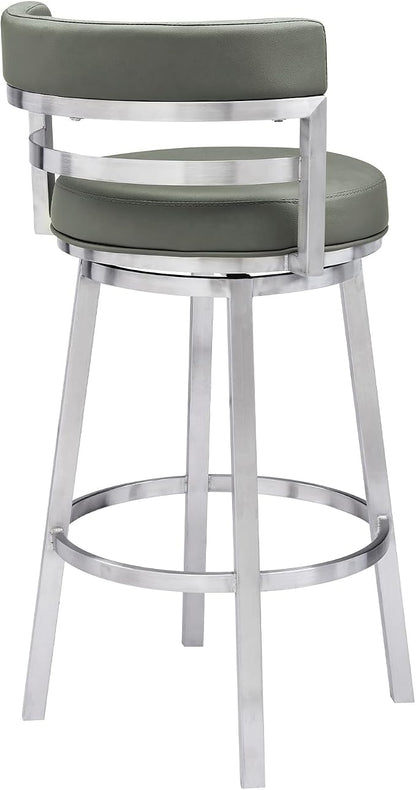 Armen Living Madrid 30" Bar Height Swivel Modern Grey Faux Leather and Brushed Stainless Steel Bar Stool for Kitchen Island Counter