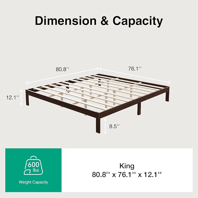 Novilla 12 Inch Wooden King Size Bed Frame, King Platform Bed Frame Without Headboard, Sturdy Wood Slat Support, No Box Spring Needed, Easy Assembly, Walnut