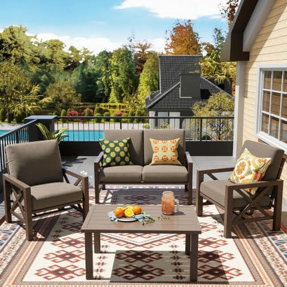 4 Piece Patio Outdoor Furniture Set with 2 Motion Rocking Chairs, Shale