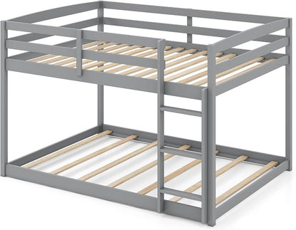 KOMFOTT Low Bunk Bed Full Over Full, Solid Wood Full Bed Frame with Built-in Ladder & Safety Guardrails, No Box Spring Needed, Space-Saving Low Bunk Bed for Kids & Teens