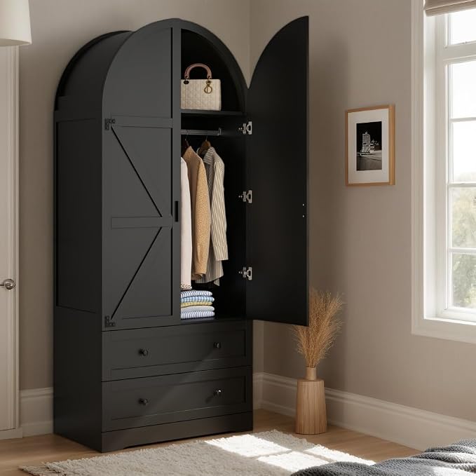 Black Armoire Wardrobe Closet,Wooden Wardrobe with 2 Doors and 2 Drawers,Bedroom Freestanding Armoire Storage Cabinet with Hanging Rack,Wardrobe Storage with with Hanging Rod for Bedroom, Cloak Room