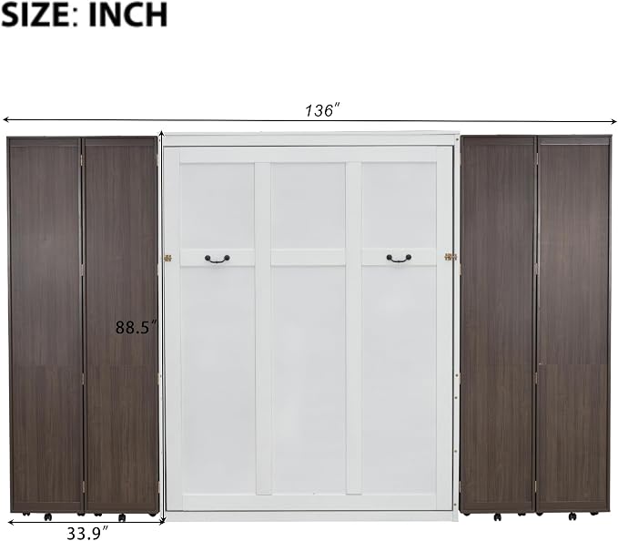 MERITLINE Folding Hidden Queen Murphy Bed Cabinet with Storage Bookcase Bookshelf, Wood Murphy Wall Bed with Storage Shelves Cabinet for Adults (Espresso)