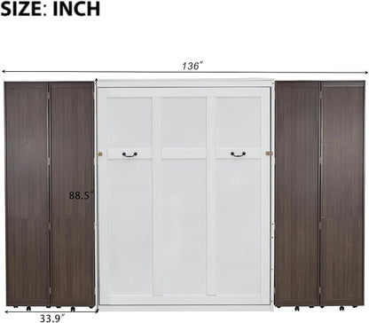 MERITLINE Folding Hidden Queen Murphy Bed Cabinet with Storage Bookcase Bookshelf, Wood Murphy Wall Bed with Storage Shelves Cabinet for Adults (Espresso)