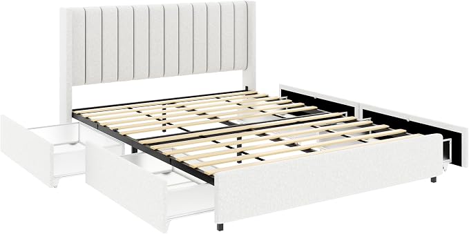 Ball & Cast Queen Size Bed Frame,Boucle Upholstered Platform Bed with 4 Drawers & Channel Tufted Headboard,Wooden Slats Support,No Box Spring Needed,Easy Assembly,Ivory