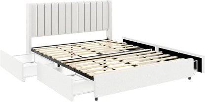 Ball & Cast Queen Size Bed Frame,Boucle Upholstered Platform Bed with 4 Drawers & Channel Tufted Headboard,Wooden Slats Support,No Box Spring Needed,Easy Assembly,Ivory