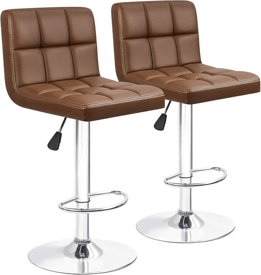 Furniwell Bar Stools Modern Pu Leather Swivel Adjustable Barstools Armless Counter Height Swivel Bar Stool Synthetic Leather Height Square Barstool with Set of 2(Brown)