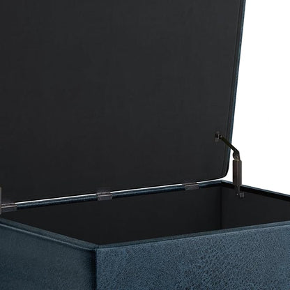 SIMPLIHOME Owen Coffee Table Storage Ottoman - 34" Wide x 19" High Upholstered Vegan Leather Rectangular Lift-Top Ottoman in Distressed Dark Blue, Mid-Century Modern Bench with Tapered Legs