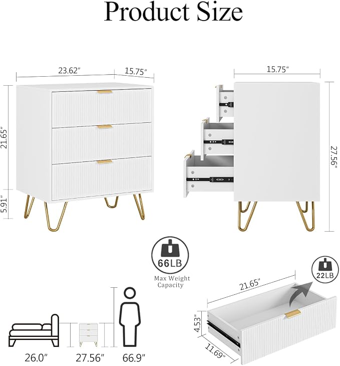 Fluted 3 Drawer Dresser for Bedroom, Modern Storage Bedroom Dresser Chest Cabinet Organizer with Anti-Tip Hardware for Living Room, Dressing Room, Kids Room, Office (White)